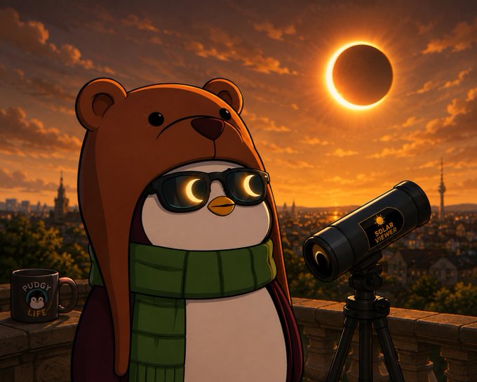 An animated penguin wearing a bear hat, sunglasses, and a green scarf stands beside a telescope labeled 'SOLAR VIEWER' as it watches a solar eclipse over a cityscape, with a mug reading 'PUDGY LIFE' nearby.