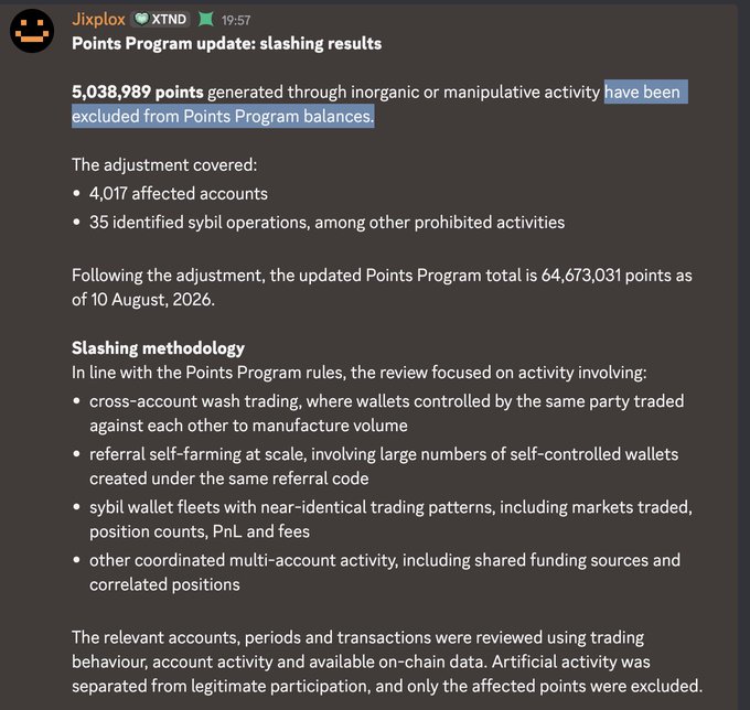 A Discord announcement from Jixplox titled "Points Program update: slashing results" detailing that 5,038,989 points were excluded for inorganic activity, affecting 4,017 accounts and 35 sybil operations.