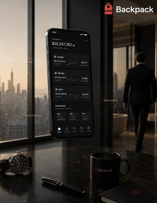 The image features a cell phone with an app called "Backpack" displayed, which appears to be related to cryptocurrency or investing. The phone is placed on top of a table next to a cup of coffee and a pen. In the background, there are two people present - one person standing near the window and another person walking by. The scene suggests that someone might be using their cell phone for work-related tasks while enjoying a cup of coffee or taking a break from their daily routine.