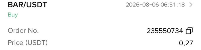 A small buy order for 1 BAR/USDT at $0.27 (Order No. 235550734) placed on August 6, 2026, reflecting the user's modest addition to their $BAR position.