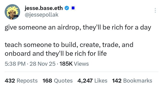 The image shows a screenshot of a social media post by the user @jessebaseeth. The post contains several lines of text, with one line specifically mentioning an airdrop and encouraging people to give someone an airdrop as a generous gift for a day in order to teach someone how to build something valuable on base. The post is accompanied by several mentions and likes from other users, indicating it has received some engagement.