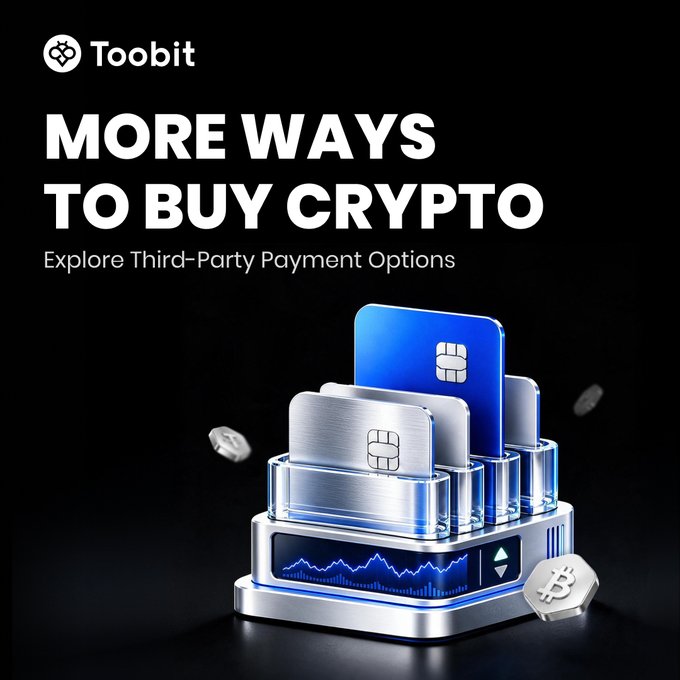 A Toobit advertisement promoting 'MORE WAYS TO BUY CRYPTO' with the subtitle 'Explore Third-Party Payment Options,' featuring 3D-rendered credit cards and Bitcoin coins on a black background.