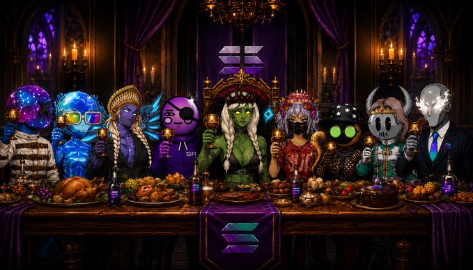 Illustration of various NFT/crypto characters with different avatars gathered around a banquet table holding drinks, with a Solayer logo in the background.