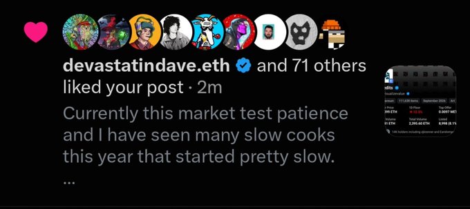A screenshot of an Instagram post by "devastatindave.eth" (and 71 others) showing engagement from various NFT profile pictures, with the caption "Currently this market test patience and I have seen many slow cooks this year that started pretty slow," accompanied by a small chart image. The post reflects patience with a market thesis, aligning with the accompanying message about trusting the process with Credits and Statements.