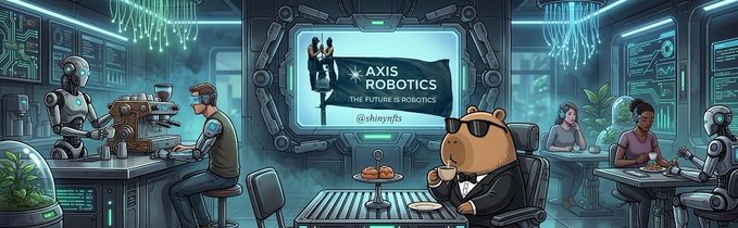 A futuristic sci-fi illustration of a robotics café featuring a bear character in sunglasses holding a cup, with a screen reading 'AXIS ROBOTICS - THE FUTURE IS ROBOTICS - @shinyfts' in the background.