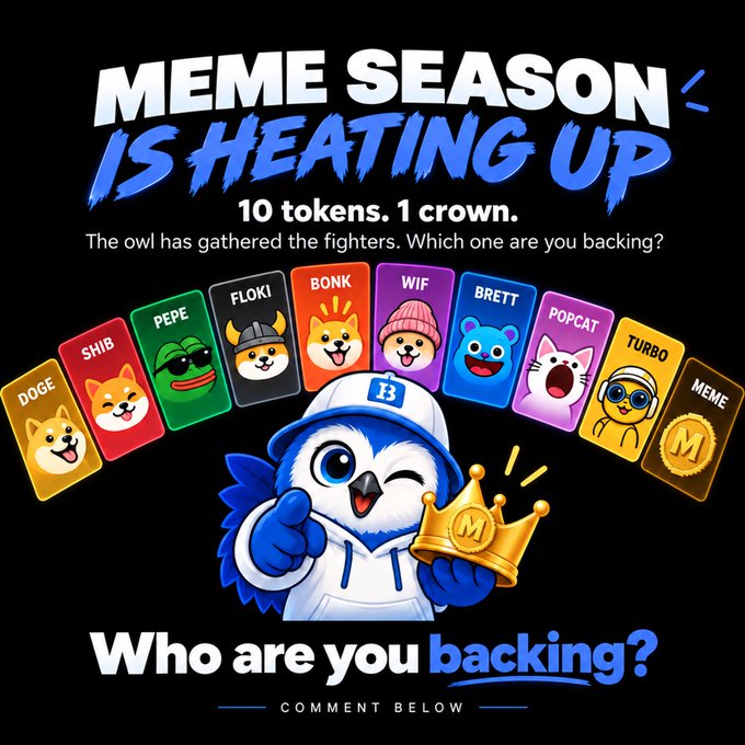 A promotional graphic reading 'MEME SEASON IS HEATING UP' featuring 10 token cards (DOGE, SHIB, PEPE, FLOKI, BONK, WIF, BRETT, POPCAT, TURBO, MEME) above a blue owl mascot holding a crown.