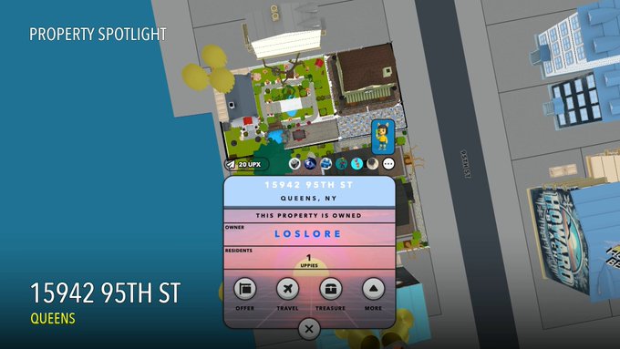 A "Property Spotlight" showcase of 15942 95th St in Queens, NY, owned by Loslore, featuring an aerial view of a beautifully landscaped property with greenery, paving, and a bridge over water. The screenshot displays a game interface showing "THIS PROPERTY IS OWNED" by LOSLORE, with "1 UPPIES" as a resident and options to Offer, Travel, Treasure, or view More.