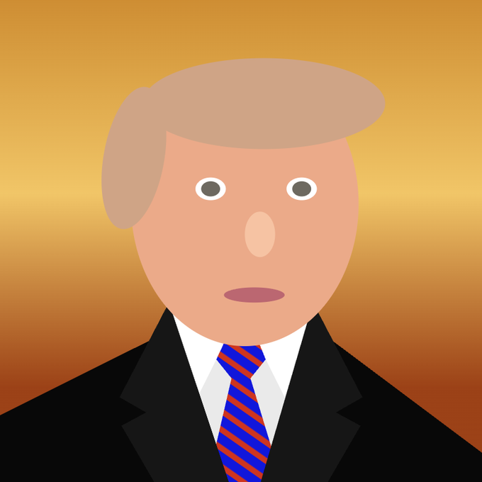 A flat vector illustration of a blonde-haired man in a black suit and red striped tie, depicted with a surprised expression against an orange gradient background.