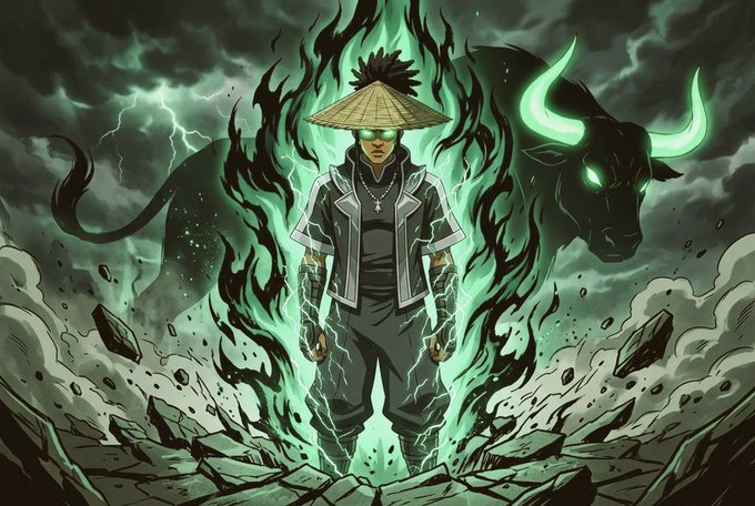 Anime-style digital artwork depicting a character wearing a straw hat and glowing sunglasses, surrounded by green flames and a spectral bull with glowing green eyes in a stormy setting.