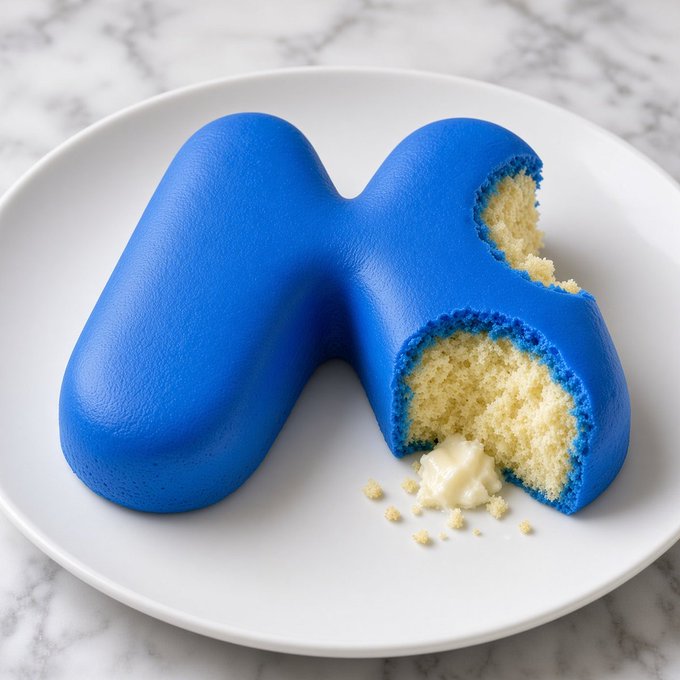 A cake shaped like the "W" of the Wordle logo sits on a white plate, featuring blue frosting with a bite taken out to reveal yellow vanilla sponge and cream filling inside.