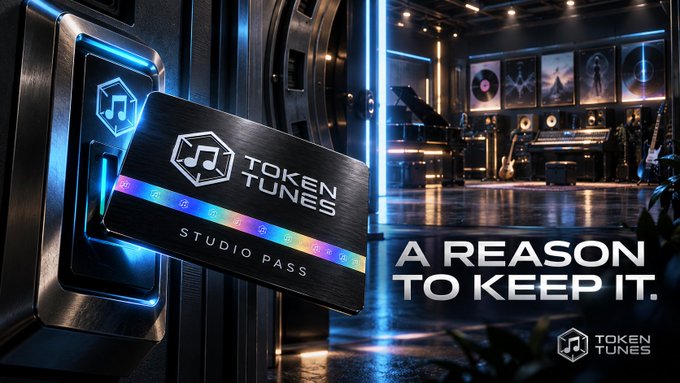 An advertisement for 'Token Tunes Studio Pass' featuring a metallic card and the tagline 'A REASON TO KEEP IT,' set in a music studio with instruments.