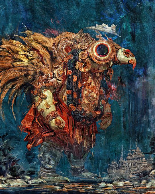A textured, painterly artwork depicts a fantastical armored figure or creature with large eyes, golden wings, and elaborate ornamentation against a dark teal background.