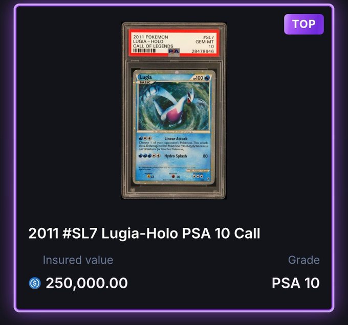 This image shows a 2011 Pokemon Lugia-Holo #SL7 trading card, graded PSA 10 with an insured value of $250,000.00. The post asks @Collector_Crypt if they would sell or keep this valuable card.