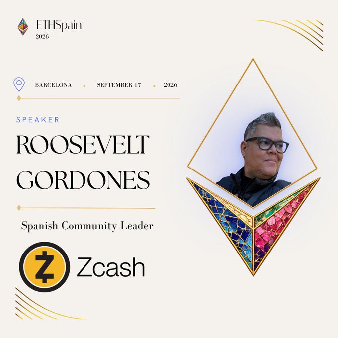 Speaker announcement graphic for ETHSpain 2026 (Barcelona, September 17, 2026) featuring Roosevelt Gordones, Spanish Community Leader at Zcash (Zcash logo), with his portrait in a colorful diamond-shaped frame.