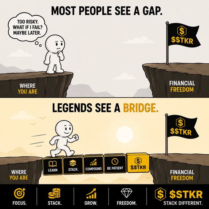 A two-panel motivational graphic contrasting 'MOST PEOPLE SEE A GAP' with 'LEGENDS SEE A BRIDGE,' illustrating a journey to financial freedom ('$TKR') through steps: Learn, Stack, Compound, Be Patient, Stack Different.