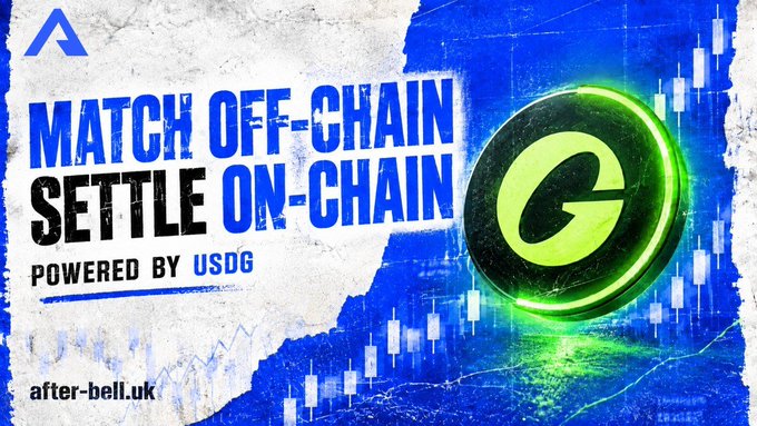 A promotional banner displays 'MATCH OFF-CHAIN SETTLE ON-CHAIN' with 'POWERED BY USDG' and 'after-bell.uk', alongside a green coin with a 'G' symbol.