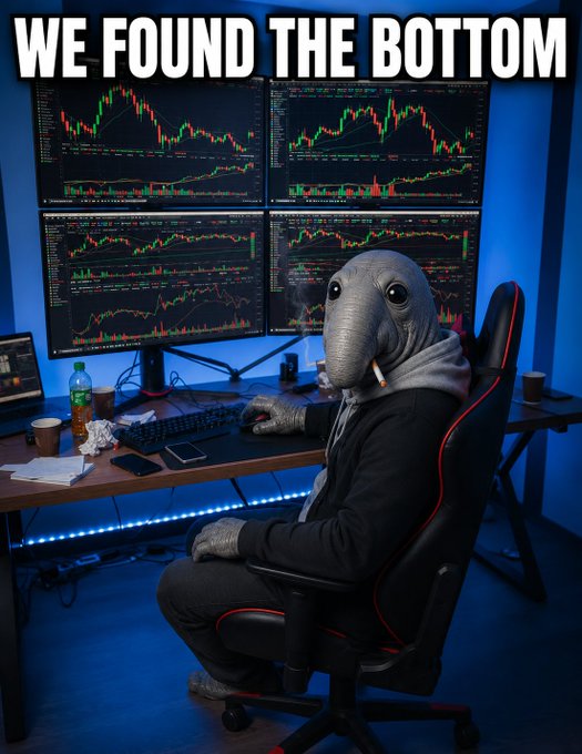 Meme image of a person wearing an elephant mask sitting at a multi-monitor trading setup with the caption 'WE FOUND THE BOTTOM'.