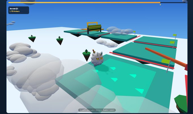 A 3D platformer video game displays a white cat-like character on a green platform above clouds, with floating islands, a bench, and text reading 'Rondo V2' and '1.10 Kelvora'.