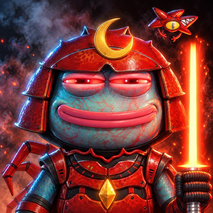 A vibrant 3D digital artwork of a cartoonish blue samurai warrior wearing red armor with a golden crescent moon on its helmet, wielding a glowing yellow sword with a small red flying creature beside it.
