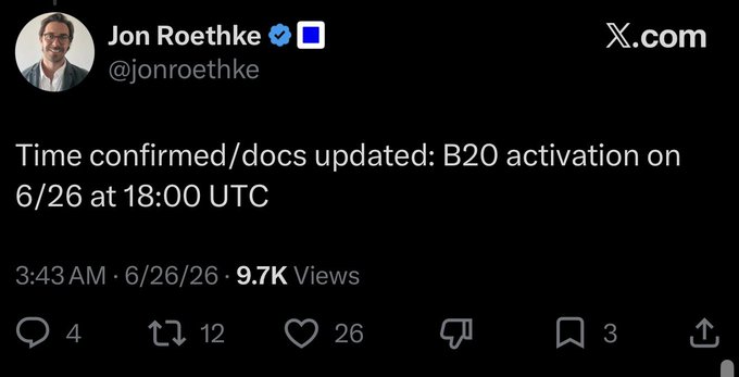 A screenshot of a tweet from Jon Roethke (@jonroethke) reads: "Time confirmed/docs updated: B20 activation on 6/26 at 18:00 UTC," confirming the timing of the B20 activation referenced in the accompanying post about the $BASE TGE and airdrop.