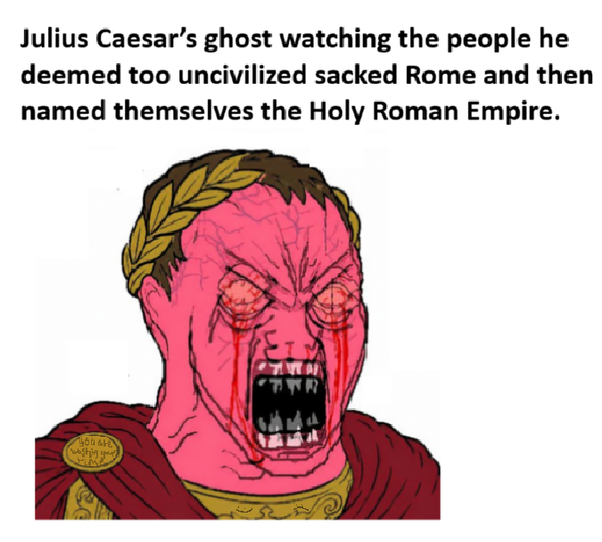 The image shows a screaming, pink Julius Caesar with a laurel wreath and blood‑streaked eyes, captioned “Julius Caesar’s ghost watching the people he deemed too uncivilized sacked Rome and then named themselves the Holy Roman Empire.” It mirrors the post’s warning that most people chasing the next big win are just providing exit liquidity for the true builders, urging us to wait rather than rush in.