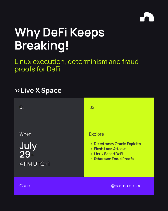 An event announcement titled 'Why DeFi Keeps Breaking!' about Linux execution and fraud proofs for DeFi, scheduled for July 29th at 4 PM UTC+1 on Live X Space, hosted by @cartesiproject.