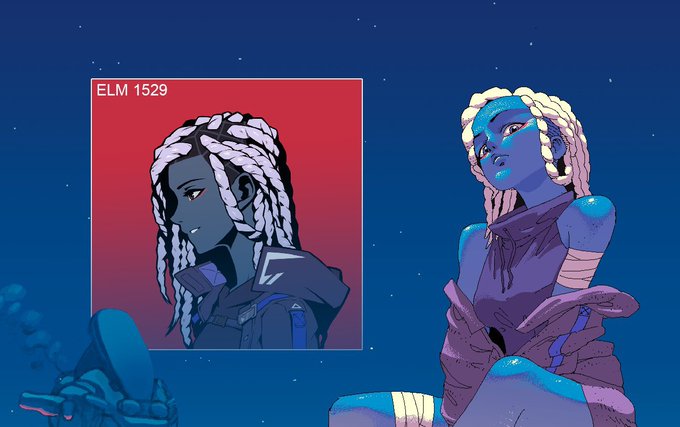 An illustration on a deep blue background features two versions of a dark-skinned female character with white braided hair; the inset portrait is labeled 'ELM 1529'.