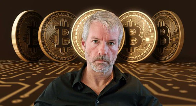 A man with gray hair and beard superimposed in front of five gold Bitcoin coins against a circuit board background.