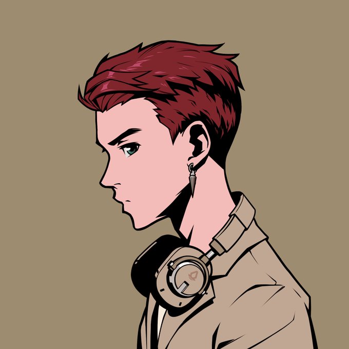 An illustrated side view of a young person with short, spiky red hair, wearing an earring and headphones around their neck against a tan background.