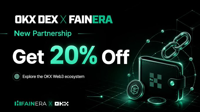 Promotional graphic announcing the OKX DEX x FainEra partnership, featuring "Get 20% Off" in large text alongside a wallet and chain-link icon, encouraging users to explore the OKX Web3 ecosystem via the provided invite link.