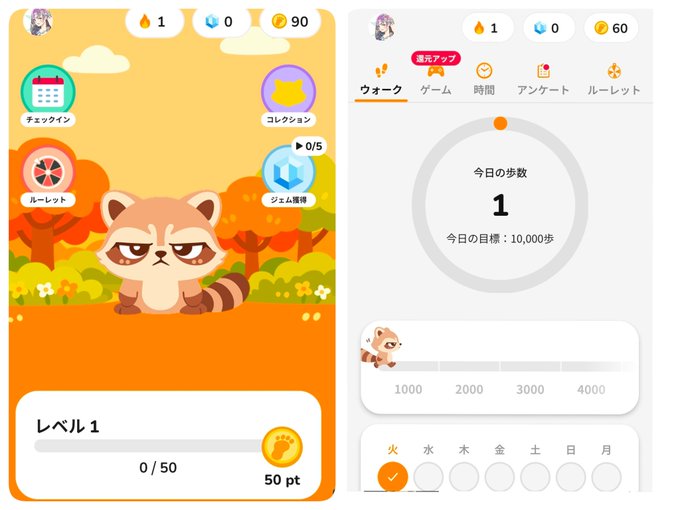 A screenshot of the Sunpo Move-to-Earn app showing a step-tracking dashboard with a raccoon mascot, displaying "今日の歩数 1" (1 step today) against a "10,000歩" target, level progress at "0/50" with "50 pt", and a daily check-in tracker for points redeemable as $JPYC, PayPay, Rakuten Points, or Pokémon Card Oripa.