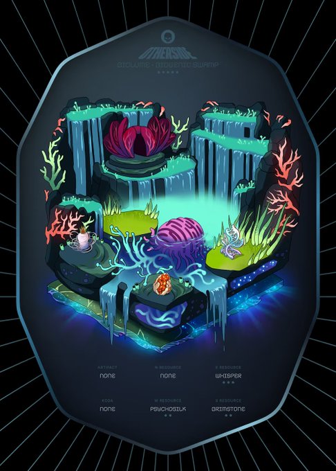 An artistic poster for 'ABYSSAL - EXPLORING THE DEPTHS OF THE OCEAN' depicting an underwater coral reef scene with bioluminescent elements and resource labels like 'WHISPER' and 'GRIMSTONE'.