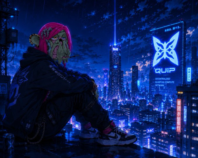 A cyberpunk-style illustration of a masked character with pink hair sitting on a rooftop overlooking a futuristic neon city at night, featuring a large 'QUIP' sign advertising a 'DECENTRALIZED QUANTUM COMPUTE NETWORK' with Japanese text.