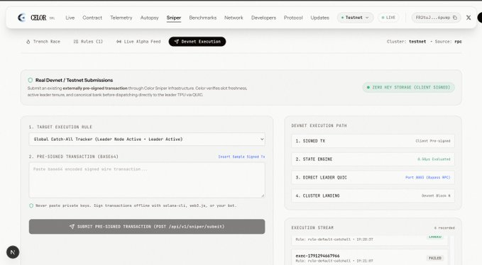 A screenshot of the 'CELOR' web interface showing a 'Sniper' page with sections for 'Real Devnet / Testnet Submissions' and 'Devnet Execution Path'.