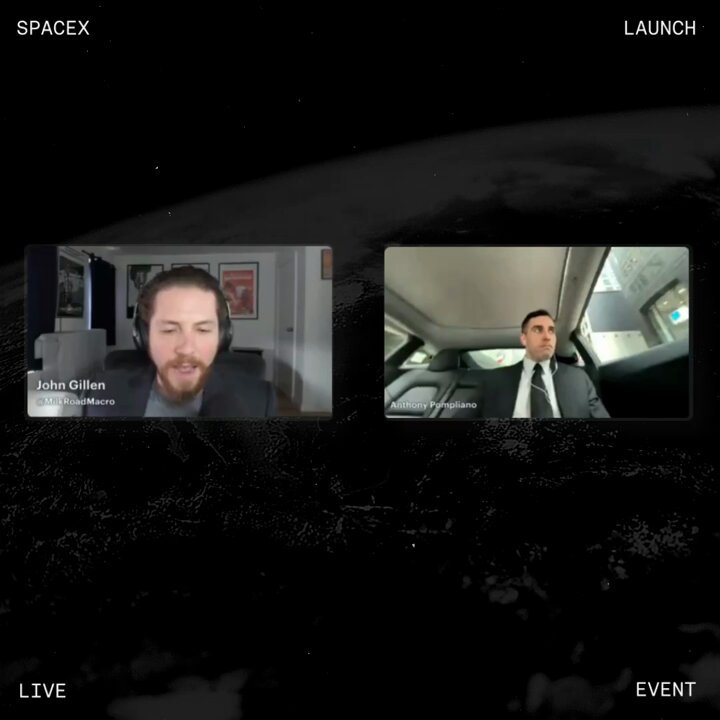 The image shows two screens side by side displaying a man wearing a suit and tie sitting inside a car, likely at an event related to the SpaceX IPO or private markets. The screens are showing different perspectives of the same person, providing a comprehensive view of his surroundings. The caption below the screens reads "The SpaceX IPO is rewriting what'S possible for private markets, and crypto is paying close attention." This suggests that the image might be related to a discussion about the potential impact of the SpaceX IPO on the cryptocurrency market or how this event could influence both industries.