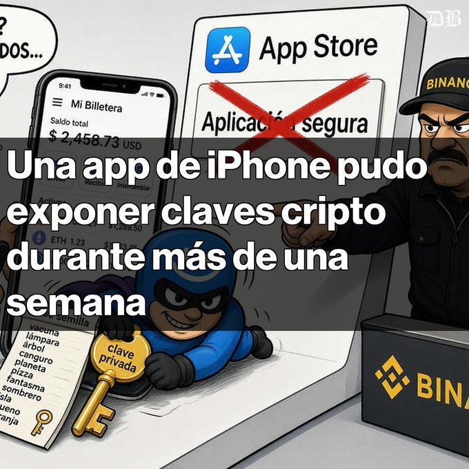 Cartoon illustration about an iPhone app security vulnerability, with Spanish text 'Una app de iPhone pudo exponer claves cripto durante más de una semana' and Binance branding.