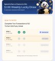 A small Twitter/X post screenshot promoting a $100 Weekly Lucky Draw from TreasurelandLab with an entry button visible.