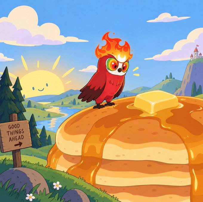 A cartoon illustration of a red owl with a flame on its head standing on a giant stack of pancakes with butter and syrup, with a 'GOOD THINGS AHEAD' sign and a smiling sun in the background.