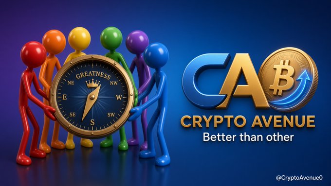 Five colorful 3D figures hold a golden compass labeled 'GREATNESS' next to a 'CA - CRYPTO AVENUE - Better than other' logo featuring a Bitcoin coin design.