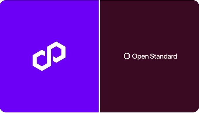The image displays the "Open Standard" (OUSD) logo in white on two backgrounds—purple on the left featuring just the hexagonal icon, and a dark maroon gradient on the right showing the full "Open Standard" wordmark with the icon. This relates to the announcement that OUSD is expanding to the Polygon blockchain, as stated by Polygon Foundation CEO Sandeep Nailwal.