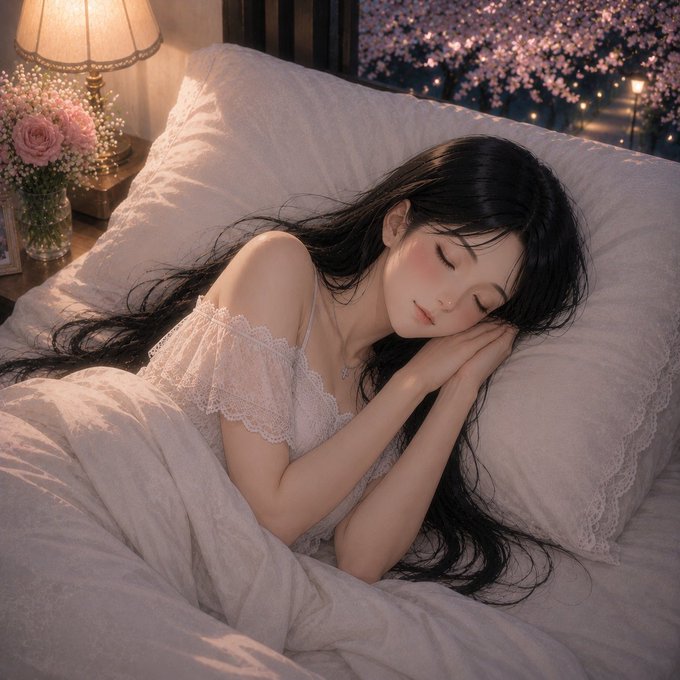 A serene illustration of a young woman with long black hair peacefully sleeping in a bed with white lace-trimmed bedding, beside a lamp and vase of pink roses, with cherry blossoms visible in the background.