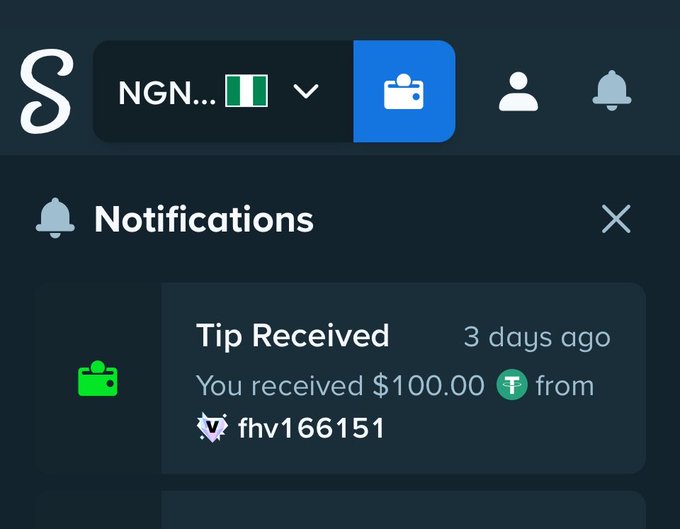 A mobile app screenshot showing a notification that "You received $100.00 from fhv166151" on what appears to be a tipping platform.