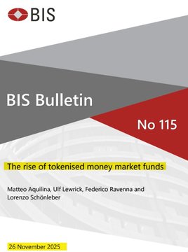 The image features a poster with a white background, predominantly gray and red colors, and a title that reads "BIS Bulletin No 115 The rise of tokenised money market funds". Below this title, there are two bullet points providing information about the topic. One bullet point states that the rise of tokenised money market funds is being discussed in the BIS bulletin, while the other bullet point mentions that it was highlighted inside a BIS report from November 2025 as a key player inside the ongoing shift towards tokenised money markets.

The poster also includes a logo for Stellar, which is a company known for its involvement in tokenized money market funds. The text "No 115" and "The rise of tokenised money market funds" are clearly visible on the poster, indicating that this is an important topic being discussed by BIS.