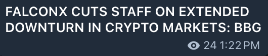 The image displays a Bloomberg headline reading "FALCONX CUTS STAFF ON EXTENDED DOWNTURN IN CRYPTO MARKETS," timestamped 24 1:22 PM. The headline supports the post's commentary by confirming FalconX's staff reductions, raising questions about why the crypto prime brokerage is cutting employees ahead of its anticipated IPO.