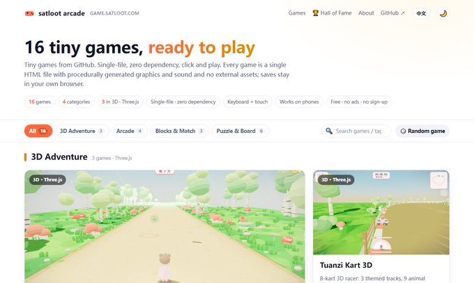A website for "satloot arcade" promoting "16 tiny games, ready to play" from GitHub, displaying categories like 3D Adventure, Arcade, and Blocks & Match, with thumbnails for games like "Tuanzi Kart 3D".