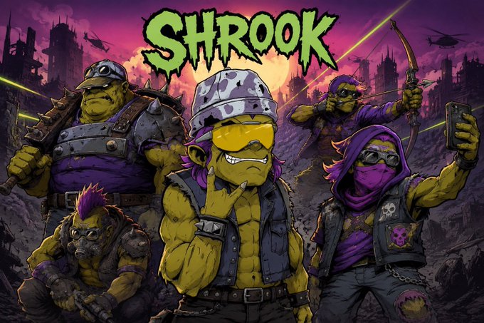 A vibrant cartoon poster featuring yellow-skinned mutant/turtle characters in combat gear with the text 'SHROOK' at the top, set against a post-apocalyptic cityscape with helicopters.