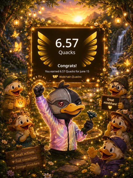 The image features a poster with ducks wearing costumes, including a jacket and a hat, standing around a sign that says "Good morning Quackers Just earned 6.57 Quacks on @wallchain in one day What about you?". The ducks are positioned near a waterfall, which adds to the overall theme of the post. The text encourages Quackers to celebrate their achievements by sharing them with others and mentions that Quackers has earned 6.57 Quacks for the week.