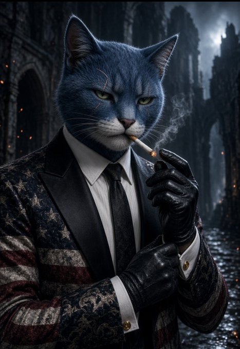 An anthropomorphic blue-gray cat wearing a formal suit with an American flag-patterned jacket and black gloves smokes a cigarette, set against a dark, moody city backdrop.