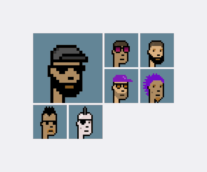 A collection of pixel art CryptoPunks is displayed, featuring stylized portraits with various accessories like sunglasses, hats, and distinctive hair colors.