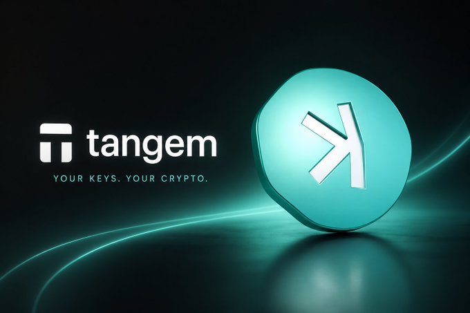 A promotional image for Tangem, a crypto hardware wallet, featuring the brand logo and tagline 'YOUR KEYS. YOUR CRYPTO.' alongside a teal-colored token bearing a stylized 'K' symbol.